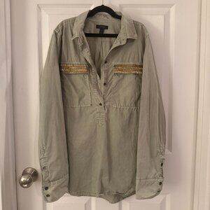 Green J Crew Button Down Blouse Army Green with Gold Beading 8 Vintage Feel